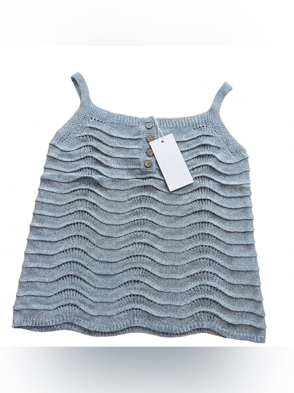 Petal Dew Sky Blue Crochet Knit Cami Tank Top Medium Wavy Tiered Henley NWT